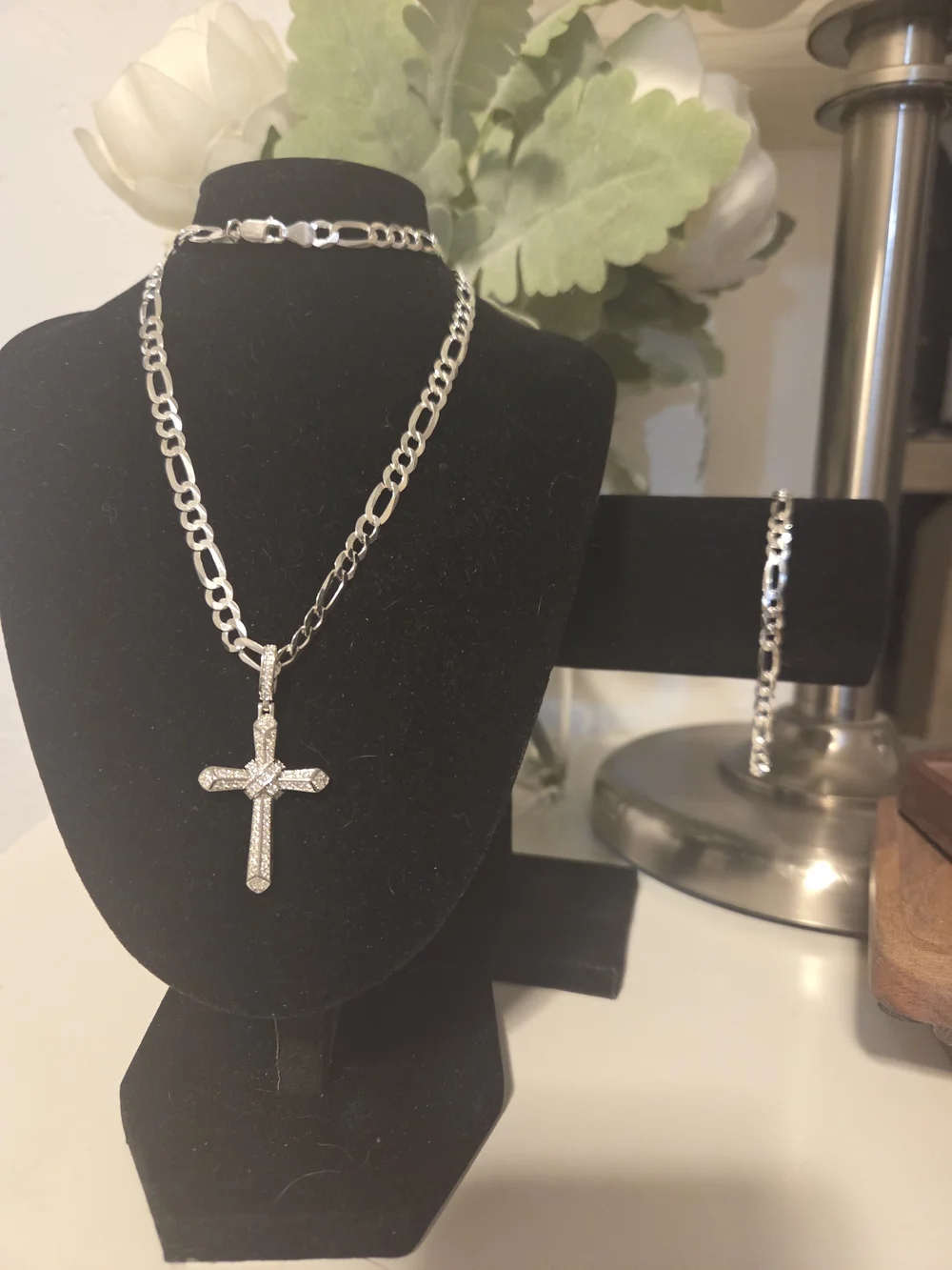 925 Sterling Silver Figaro Chain Necklace with Pave Cross Pendant And Bracelet